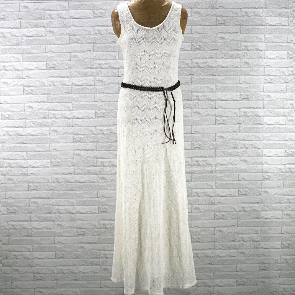SHARAGANO NOIR Dress Knit Maxi Tank Style Sleeveless Off White Size 8